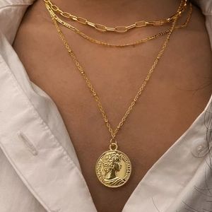 New 18K Gold Coin Pendant multilayer Chain Necklace